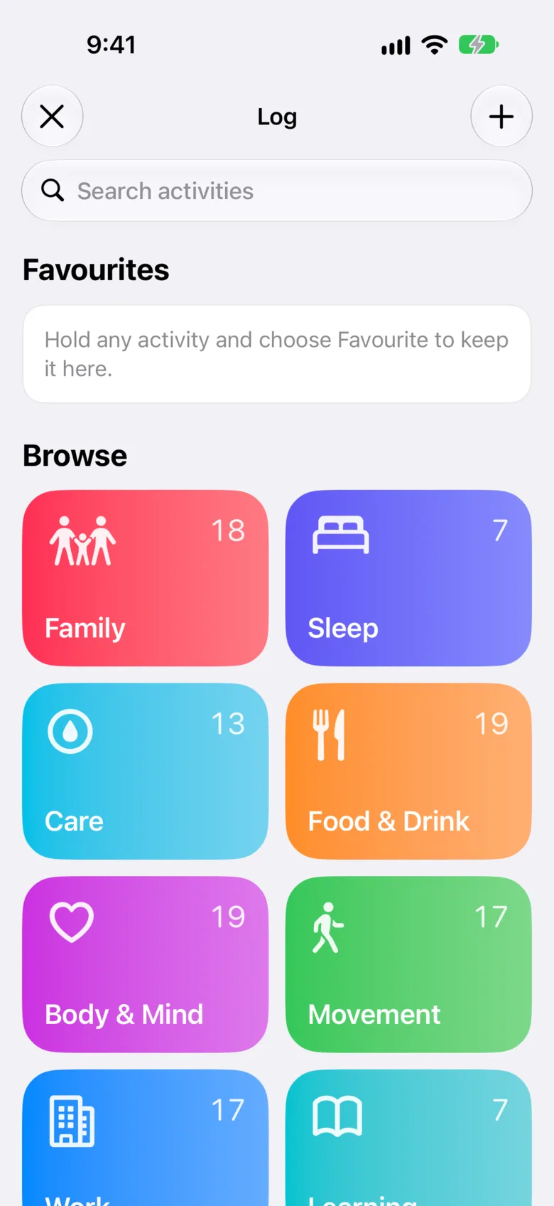 Quick Capture, with a search field and category cards for Family, Sleep, Care, Food and Drink, Body and Mind, and Movement