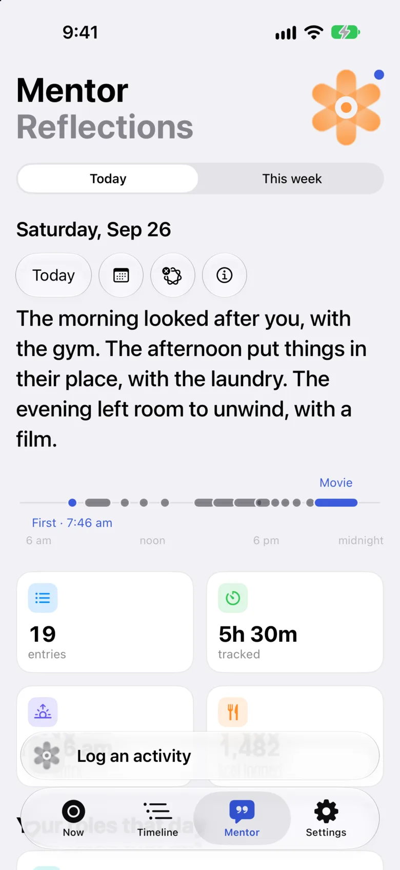 The Mentor on Saturday: the morning looked after you, with the gym; the afternoon put things in their place, with the laundry; the evening left room to unwind, with a film. The day drawn on one line below.