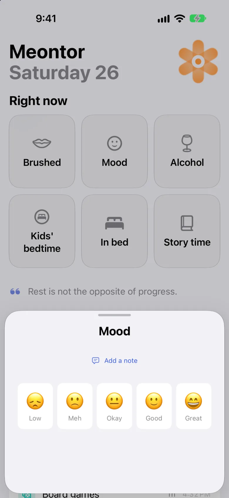 Logging a mood: five faces from Low to Great, with an optional note