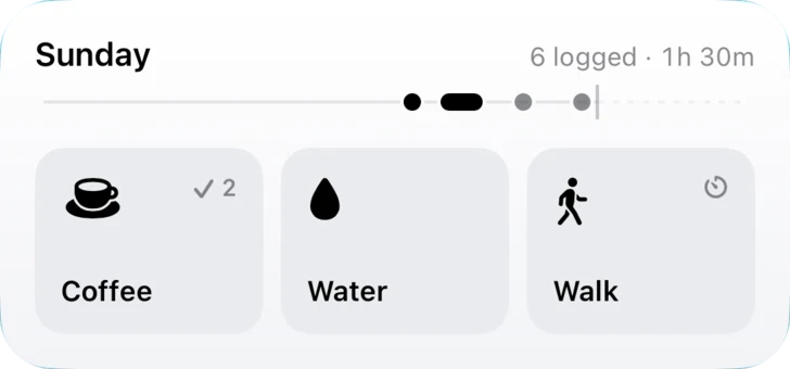 The medium widget: Sunday, 6 logged, the day drawn as a line, and tiles for Coffee, Water and Walk