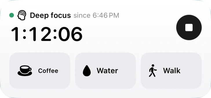 The medium widget while Deep focus runs: a large timer, when it started, and a round Stop